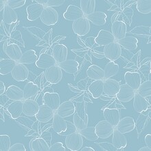 Dogwood Branch With Flowers Seamless Pattern. Cornus Florida.  Blue White Line Drawing.