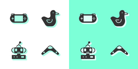 Sticker - Set Boomerang, Portable video game console, Robot toy and Rubber duck icon. Vector.