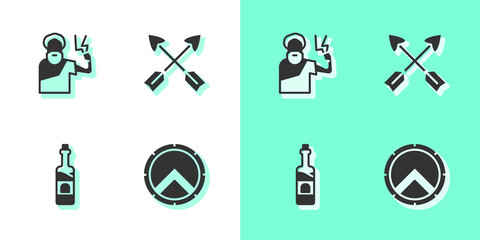 Wall Mural - Set Greek shield, Zeus, Bottle of wine and Crossed arrows icon. Vector.