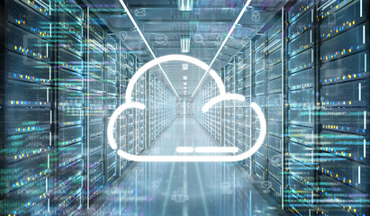 Poster - Cloud icon in a Server room data center - 3d rendering