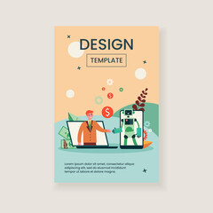 Poster - man chatting with bot. happy person and robot shaking hands, gadget screens, deal flat vector illust