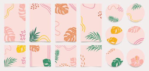 summer Stationary story templates and highlights covers vector set. Social media background design with floral and tropical leaf and colorful textures. Abstract minimal trendy style wallpaper. 