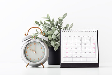 Alarm clock with calendar and plant on white background