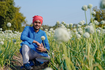 Young indian farmer at onion agriculture field