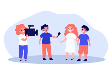 Wall Mural - Kids acting news reportage shooting. Children with video camera, interview, microphone. Flat vector illustration. Childhood, role play concept for banner, website design or landing web page