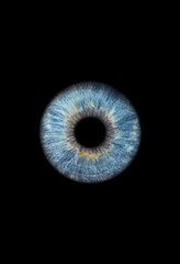 Close up of a blue eye iris on black background, macro, photography