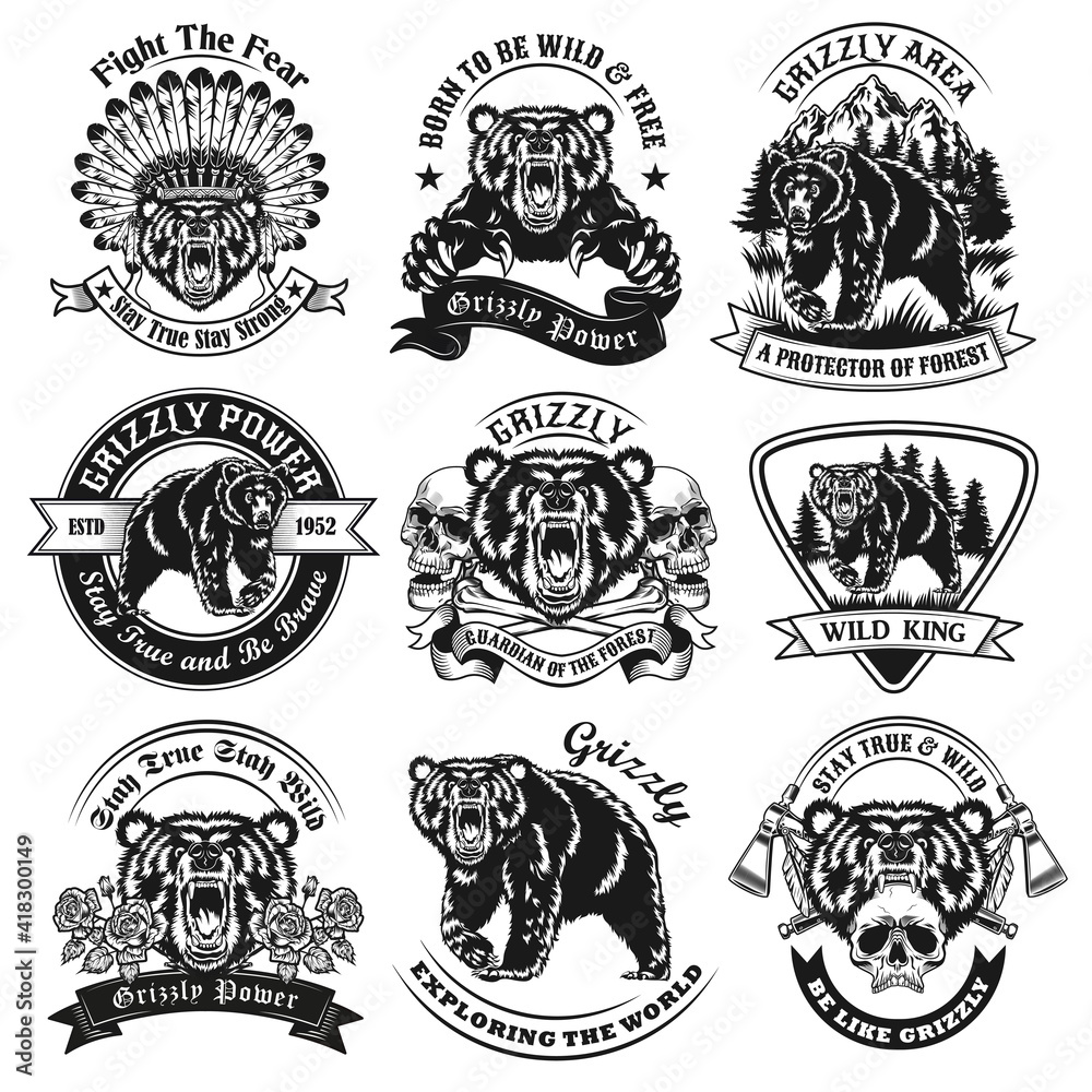 Vintage badges with grizzly bear vector illustration set. Monochrome labels with dangerous forest predator. Wildlife and animals concept can be used for retro template - obrazy, fototapety, plakaty 