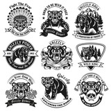 Fototapeta  - Vintage badges with grizzly bear vector illustration set. Monochrome labels with dangerous forest predator. Wildlife and animals concept can be used for retro template