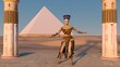 Queen Nefertiti dancing in front of the great pyramid of Giza and a view of the desert in the ancient temple. Historical animation. The Great Pyramids In Giza Valley, Cairo, Egypt. 3d rendering.