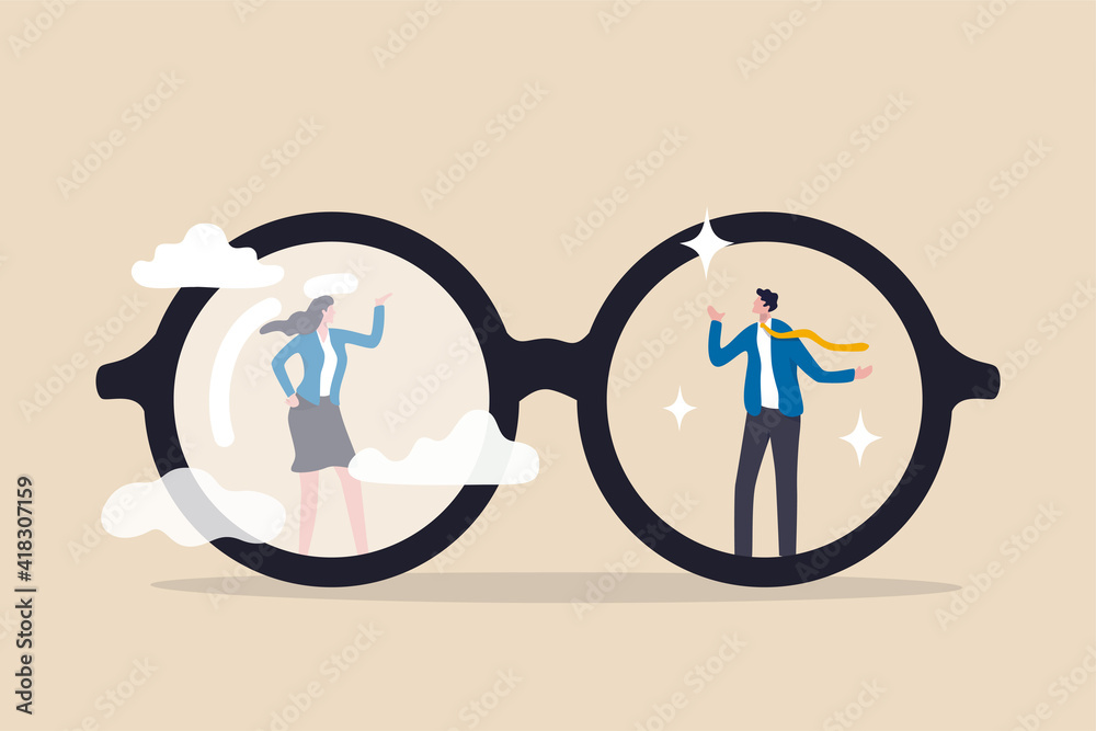 Gender bias, sexism inequality in workplace and social, prejudice, stereotyping, or discrimination against women concept, eyeglasses with clear vision on businessman and unclear blurry vision on woman - obrazy, fototapety, plakaty 