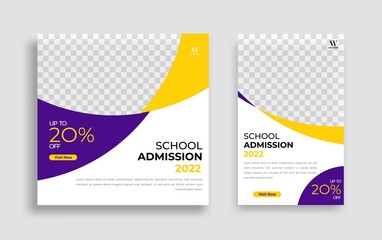 School admission Editable minimal square banner template. Yellow purple White  background color with geometric shapes for social media post, story and web internet ads. Vector illustration