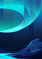 illustration of northern lights. landscape with natural light show in vertical orientation.