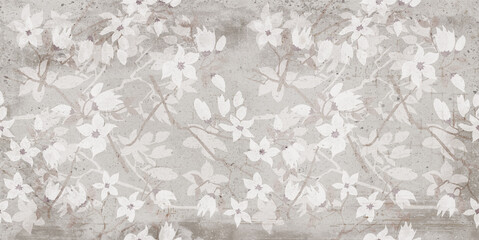 Wall Mural - Flowers on the wall background, digital wall tiles or wallpaper design. cement texture on the flower background 