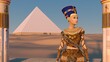 Queen Nefertiti in front of the great pyramid of Giza and a view of the desert in the ancient temple. Historical animation. The Great Pyramids In Giza Valley, Cairo, Egypt. 3d rendering.