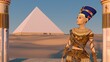 Queen Nefertiti in front of the great pyramid of Giza and a view of the desert in the ancient temple. Historical animation. The Great Pyramids In Giza Valley, Cairo, Egypt. 3d rendering.