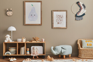 stylish scandinavian kid room interior with toys, teddy bear, plush animal toys, mint armchair, furn