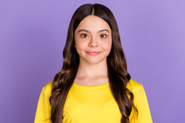 Sticker - Portrait of nice optimistic brunette hairdo girl wear yellow t-shirt isolated on vivid lilac color background