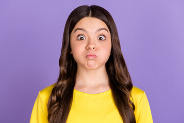 Poster - Portrait of nice optimistic brunette hairdo girl hold air wear yellow t-shirt isolated on vivid lilac color background