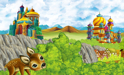 Wall Mural - cartoon kingdom castle mountain forest farm illustration