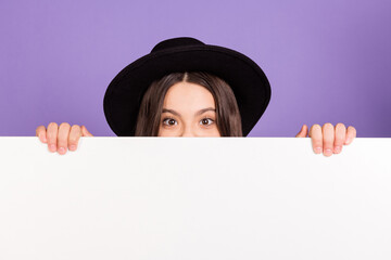 Wall Mural - photo of nice optimistic brunette hairdo girl hide wear black cap isolated on lilac color background