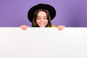 Poster - Photo of nice optimistic brunette hairdo girl look poster wear black cap isolated on lilac color background