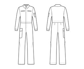 Sticker - Boilersuit coverall Dungaree jumpsuit technical fashion illustration with full length, normal waist, high rise, pockets, long sleeves. Flat front back, white color style. Women, men unisex CAD mockup