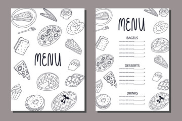 Doodle restaurant, cafe menu template. Various American, Belgian, Italian traditional bakery and pastry. Cartoon banner.