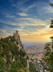 panoramic scenic view of the republic of San Marino at sunset