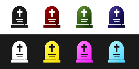 Sticker - Set Tombstone with cross icon isolated on black and white background. Grave icon. Happy Halloween party. Vector.