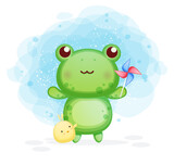 Fototapeta Dinusie - Cute frog in the bathtub with chicks cartoon illustration Premium Vector