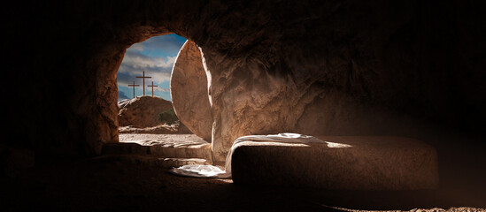 crucifixion and resurrection. empty tomb of jesus with crosses in the background. easter or resurrec