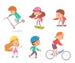 © backup_studio - Kids playing sports set. Happy children doing healthy exercise at leisure time vector illustration. Boys and girls on scooter, roller skates, skateboard, bike on white background