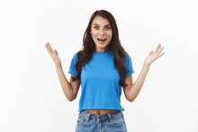Wow Thats Wonderful, Congratulations. Amused And Excited, Surprised Girl Hearing Friend Did Great, Saying Congrats, Praise Team Member Good Job, Excellent Achievement, Standing White Background