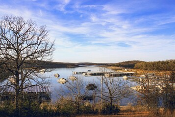 Wall Mural - Shot looking out over Bull Shoals Lake and Boat Dock on beautiful winter evening in Bull Shoals, Arkansas 