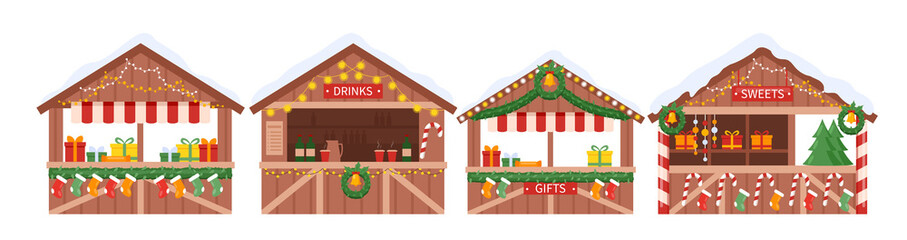 Christmas market stall kiosk set, traditional wooden winter Christmas fair marketplace