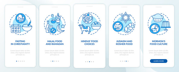 Food choices in different religions blue onboarding mobile app page screen with concepts. Faith walkthrough 5 steps graphic instructions. UI vector template with RGB color illustrations