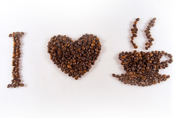  I love coffe by coffe beans. Isolated on the white