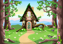 A Fairy Tale House Made In Wood With A Balcony And A Stained Glass Door Stands On A Flower Meadow In The Forest. Background Vector Illustration In Cartoon Style.