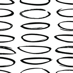 Poster - Seamless pattern with hand drawn black and white oval. Paint objects background for your design. Vector art drawing. Brush  grunge illustration