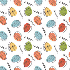 Wall Mural - Seamless vector pattern of decorated Easter eggs and abstract floral elements on white background. Festive trendy outlined geometric pastel patterns with black line. Flat holiday design.