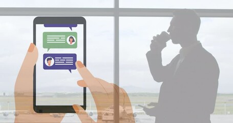 Poster - Animation of digital smartphone over man drinking coffee at the airport