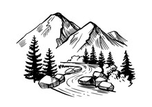 Mountain Landscape With Firs, River And Stones. Wildlife Sketch Style