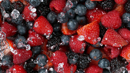 Wall Mural - Top view of berries fruit with water splashes