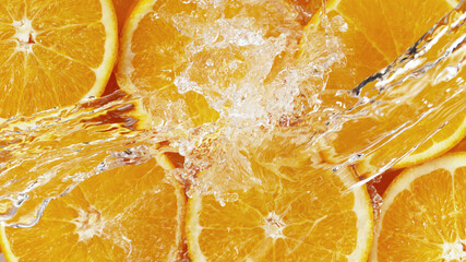 Wall Mural - Top view of sliced orange with water splashes