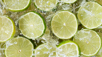 Wall Mural - Top view of sliced lime with water splashes