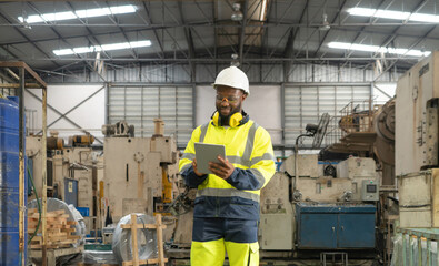 Wall Mural - Smiling black African American man, an engineer or worker using a tablet device in manufacturing factory with machine engine production, technology in operation in industry plant in warehouse