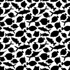 Black white Seamless pattern. Set of isolated outline cartoon vector fish animals, tang flounder, tuna, ocean burrfish, sea marlin. Silhouette monochrome illustration for food establishments or print