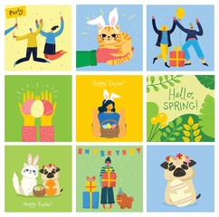 Wall Mural - Vector Easter cards with animals holding the eggs and hand drawn text - Happy Easter