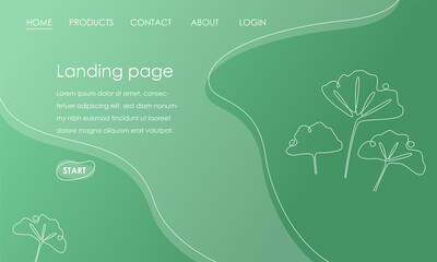 Poster - Landing page template with palm leaves on green background. Simple Tropical botanical design vector illustration concept for website development. Vector illustration