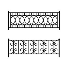 Patterned metal fence for a city street. Isolated black objects on a white background. Vector flat illustration for design.